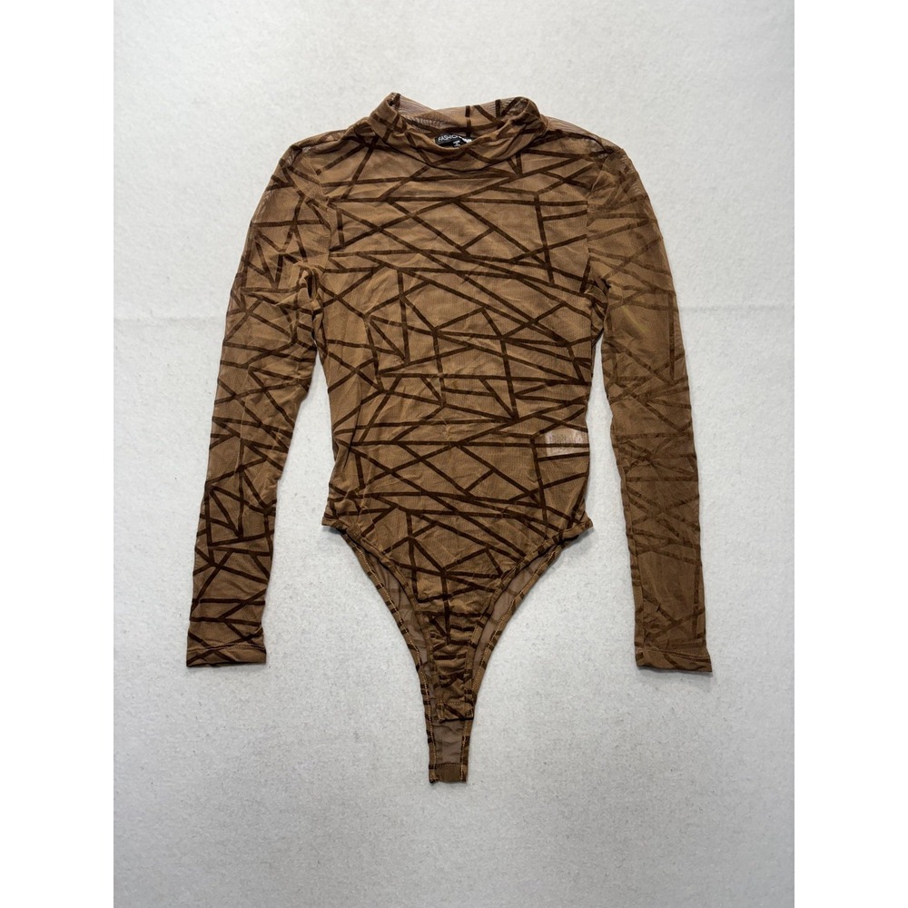 Fashion Nova Bodysuit Womens Large Brown Mesh Geometric WT8112 Long Sleeve Sheer